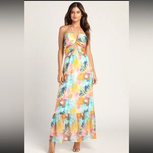 Stunning One Multi Abstract Print Drawstring Halter Maxi Dress